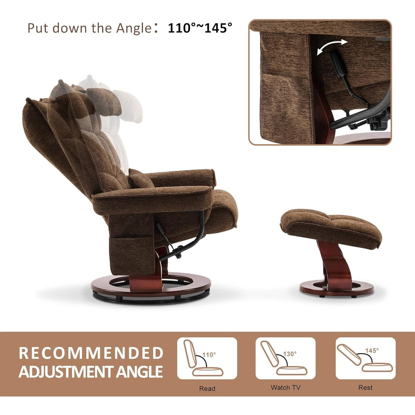 Ensemble MCombo de 2 fauteuils inclinables pivotants avec repose-pieds et coussin cervical, en tissu chenille