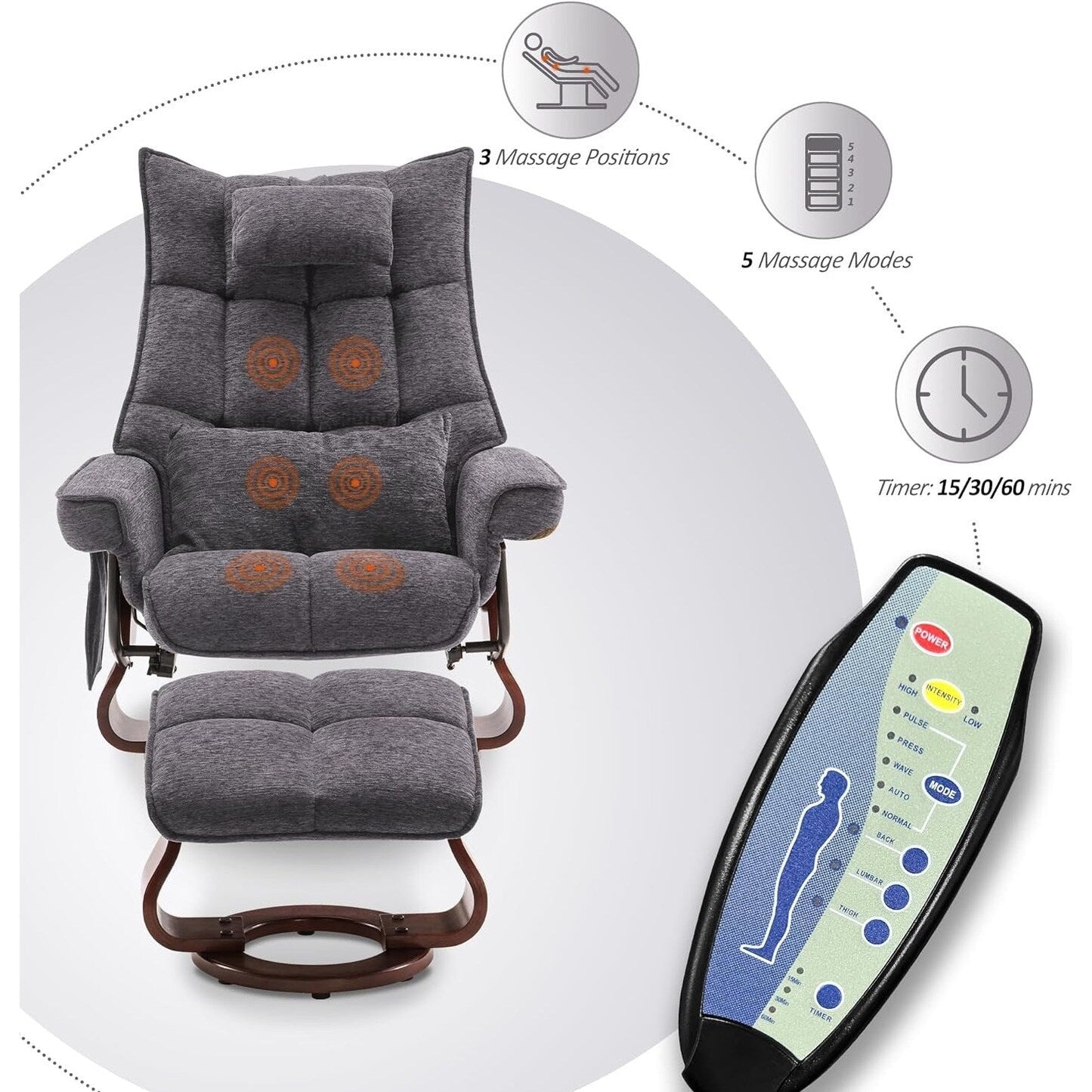 Ensemble MCombo de 2 fauteuils inclinables pivotants avec repose-pieds et coussin cervical, en tissu chenille