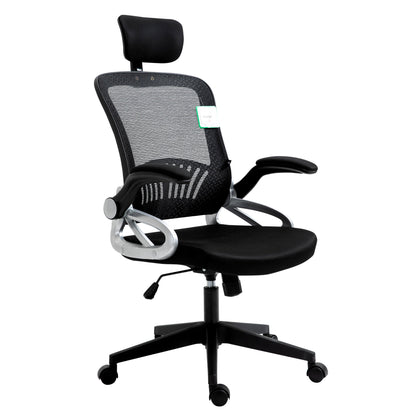 Chaise de bureau pivotante à dossier haut en maille extra-rembourrée avec appui-tête et accoudoirs réglables, noire
