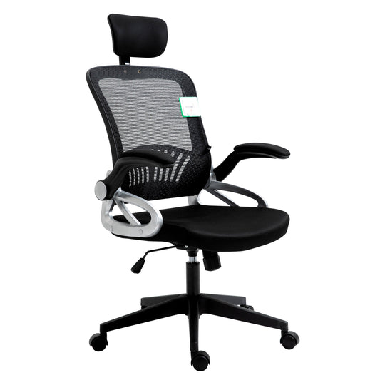 Chaise de bureau pivotante à dossier haut en maille extra-rembourrée avec appui-tête et accoudoirs réglables, noire
