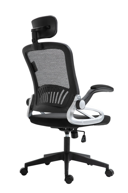 Chaise de bureau pivotante à dossier haut en maille extra-rembourrée avec appui-tête et accoudoirs réglables, noire