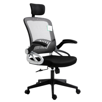 Chaise de bureau pivotante à dossier haut en maille extra-rembourrée avec appui-tête et accoudoirs réglables, gris