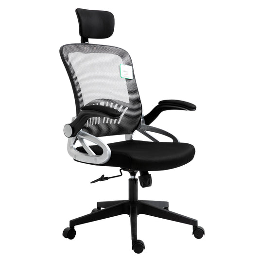 Chaise de bureau pivotante à dossier haut en maille extra-rembourrée avec appui-tête et accoudoirs réglables, gris