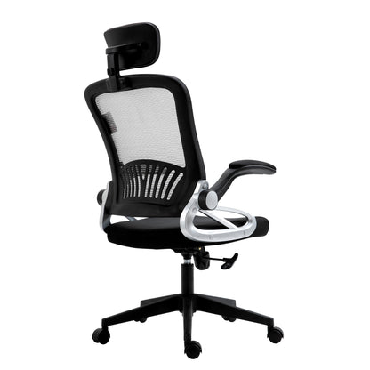 Chaise de bureau pivotante à dossier haut en maille extra-rembourrée avec appui-tête et accoudoirs réglables, gris