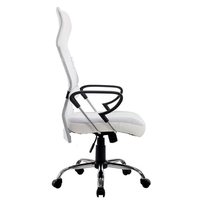 Chaise de bureau pivotante au design élégant avec dossier haut et base chromée, tissu résille, MO57 Blanc