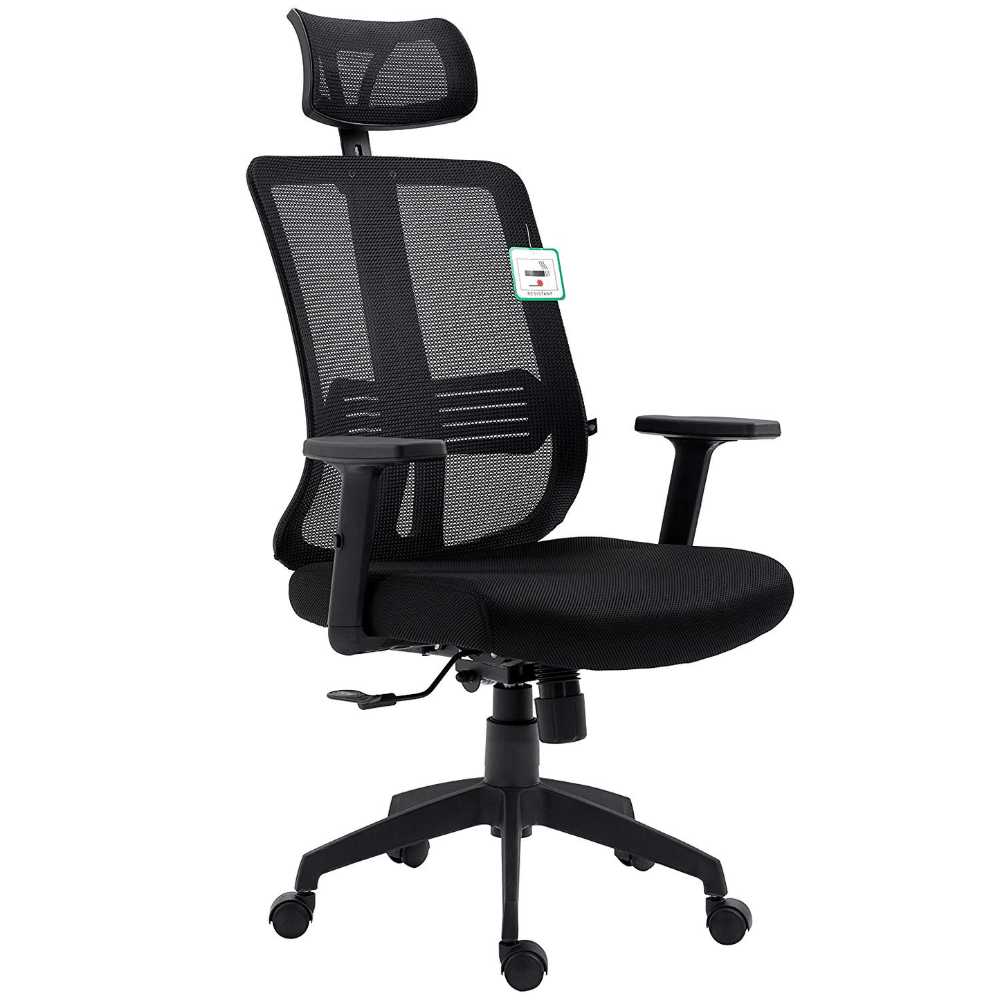 Chaise de bureau pivotante à dossier haut en maille noire avec inclinaison synchronisée, accoudoirs et appui-tête réglables