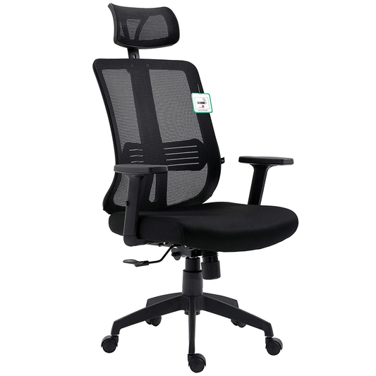 Chaise de bureau pivotante à dossier haut en maille noire avec inclinaison synchronisée, accoudoirs et appui-tête réglables