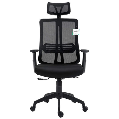 Chaise de bureau pivotante à dossier haut en maille noire avec inclinaison synchronisée, accoudoirs et appui-tête réglables