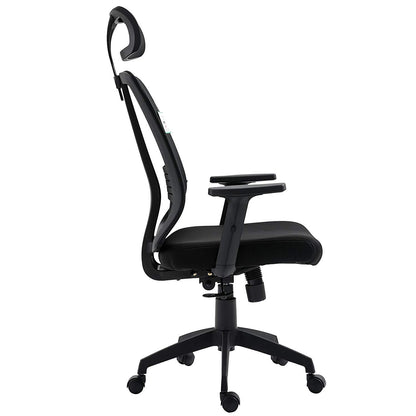 Chaise de bureau pivotante à dossier haut en maille noire avec inclinaison synchronisée, accoudoirs et appui-tête réglables