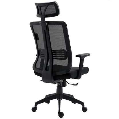 Chaise de bureau pivotante à dossier haut en maille noire avec inclinaison synchronisée, accoudoirs et appui-tête réglables