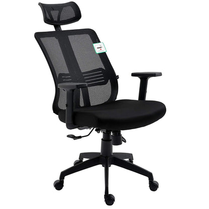 Chaise de bureau pivotante à dossier haut en maille noire avec inclinaison synchronisée, accoudoirs et appui-tête réglables
