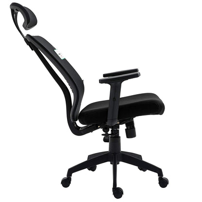 Chaise de bureau pivotante à dossier haut en maille noire avec inclinaison synchronisée, accoudoirs et appui-tête réglables