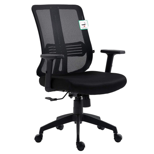 Fauteuil de bureau pivotant à dossier moyen en maille noire avec inclinaison synchronisée et accoudoirs réglables