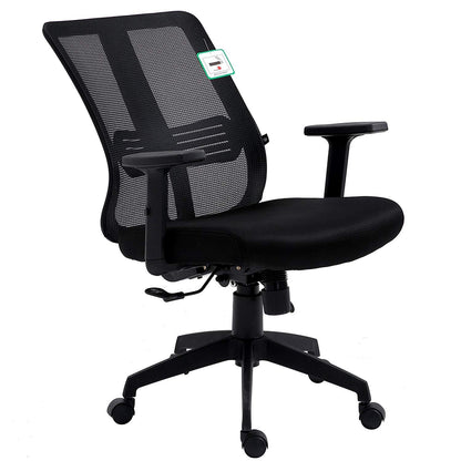 Fauteuil de bureau pivotant à dossier moyen en maille noire avec inclinaison synchronisée et accoudoirs réglables