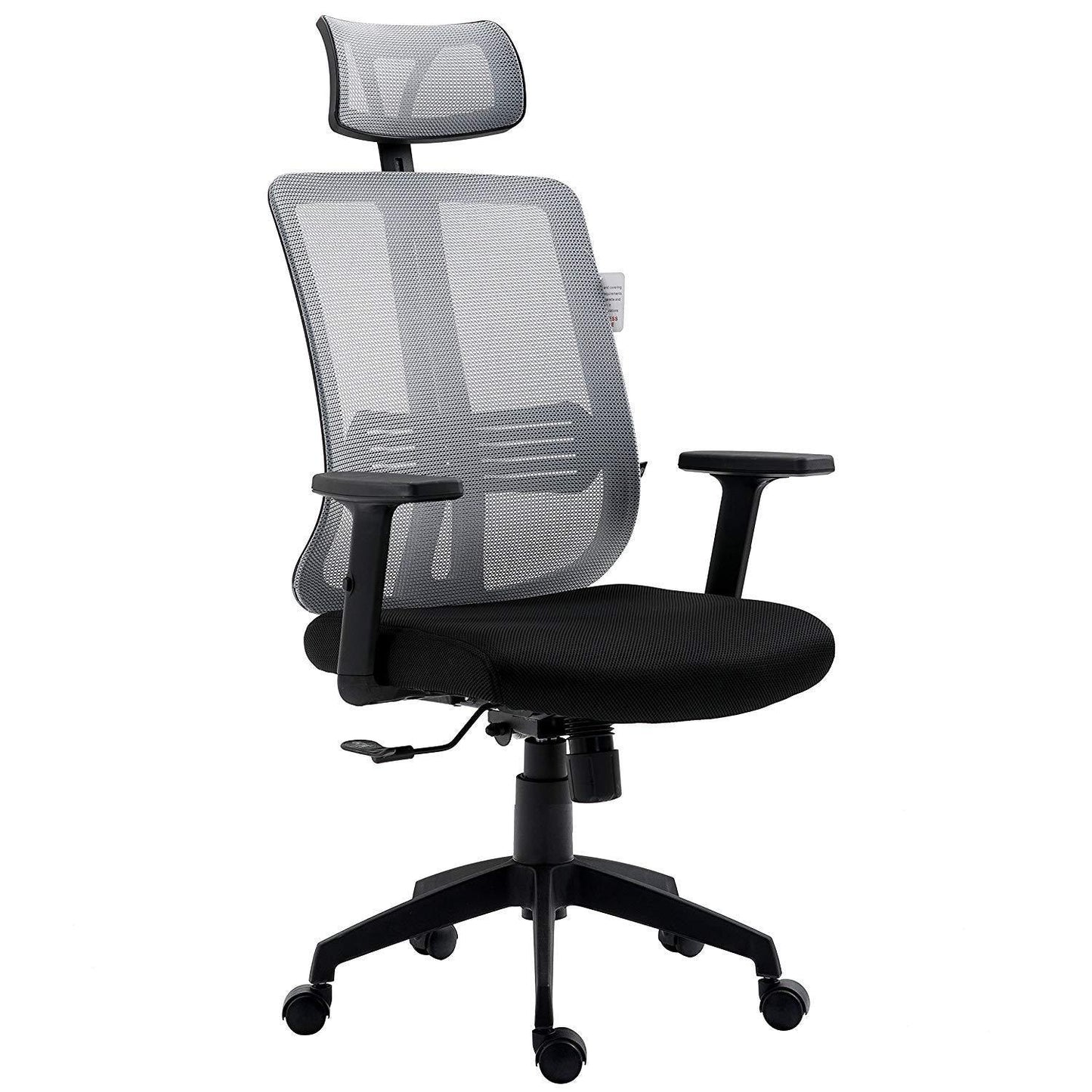 Fauteuil de bureau pivotant à dossier haut en maille grise avec inclinaison synchronisée, accoudoirs et appui-tête réglables