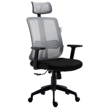 Fauteuil de bureau pivotant à dossier haut en maille grise avec inclinaison synchronisée, accoudoirs et appui-tête réglables