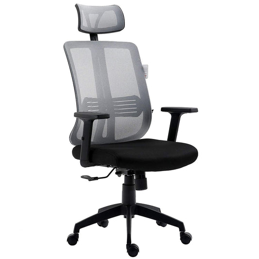 Fauteuil de bureau pivotant à dossier haut en maille grise avec inclinaison synchronisée, accoudoirs et appui-tête réglables