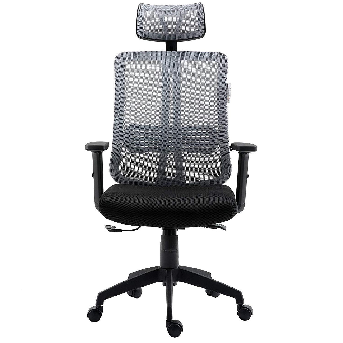 Fauteuil de bureau pivotant à dossier haut en maille grise avec inclinaison synchronisée, accoudoirs et appui-tête réglables