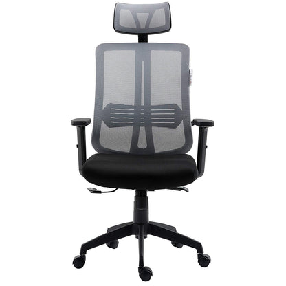 Fauteuil de bureau pivotant à dossier haut en maille grise avec inclinaison synchronisée, accoudoirs et appui-tête réglables