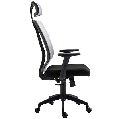 Fauteuil de bureau pivotant à dossier haut en maille grise avec inclinaison synchronisée, accoudoirs et appui-tête réglables