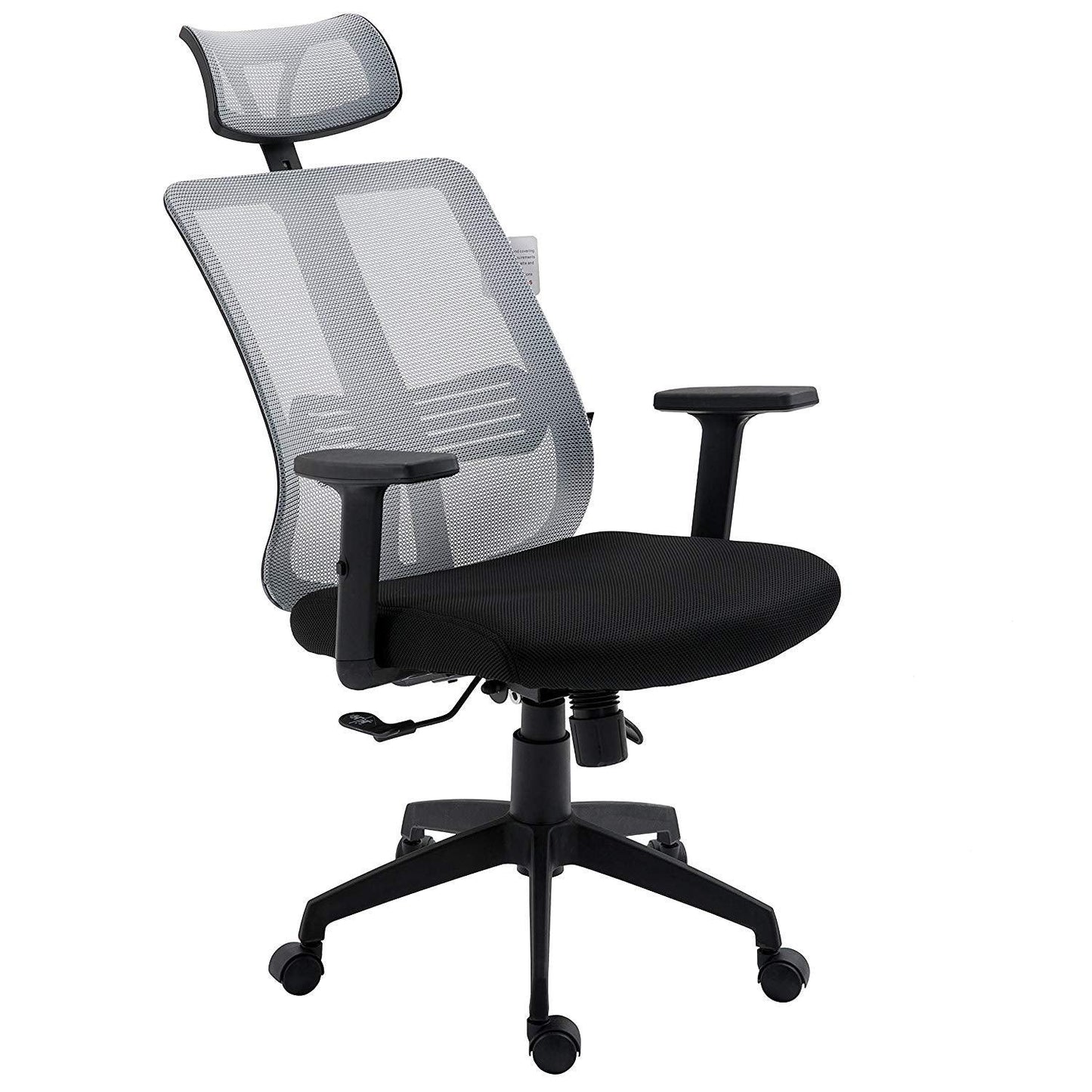 Fauteuil de bureau pivotant à dossier haut en maille grise avec inclinaison synchronisée, accoudoirs et appui-tête réglables
