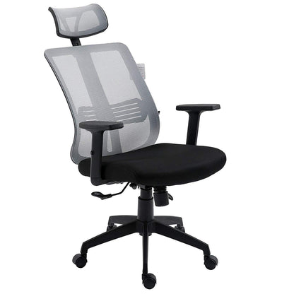 Fauteuil de bureau pivotant à dossier haut en maille grise avec inclinaison synchronisée, accoudoirs et appui-tête réglables