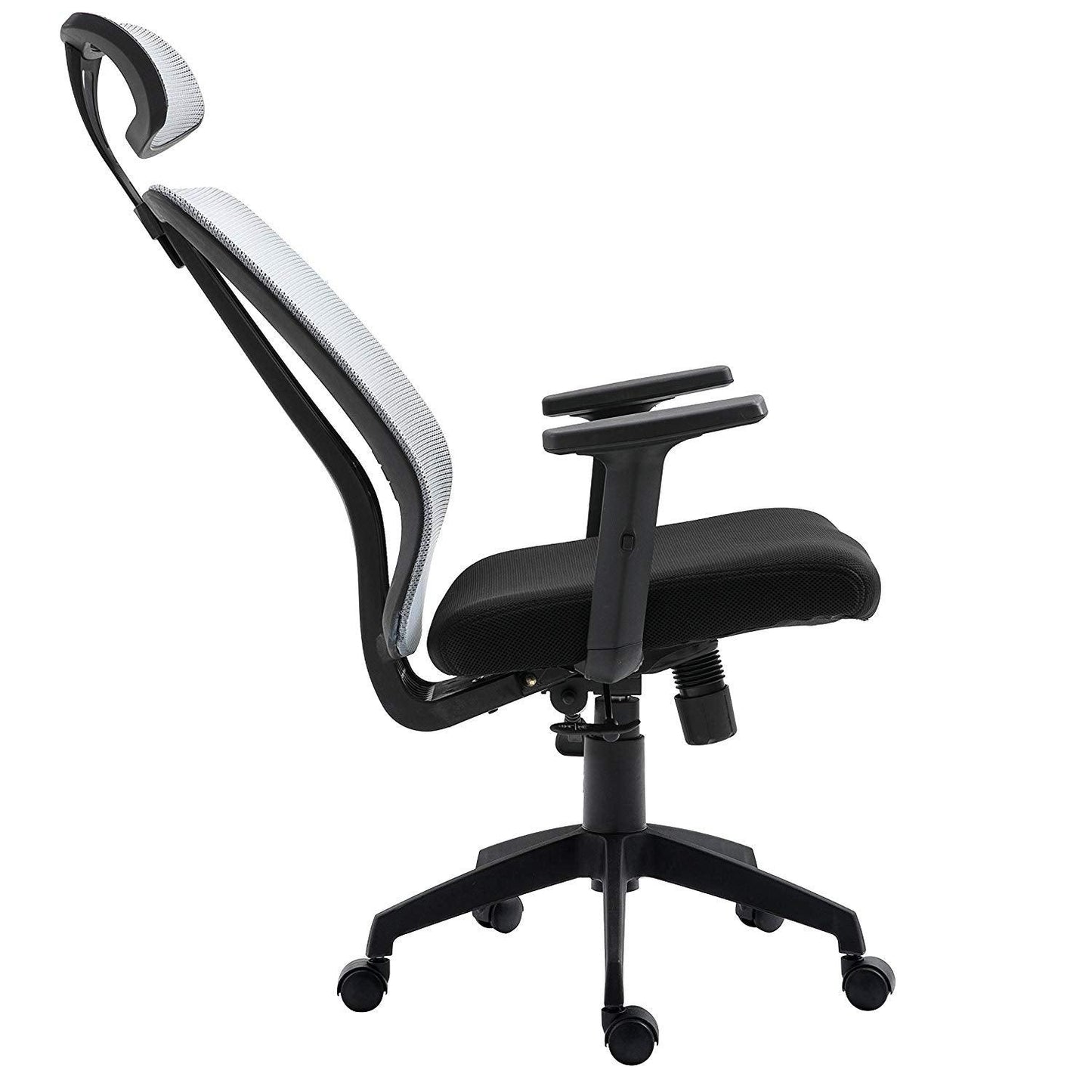 Fauteuil de bureau pivotant à dossier haut en maille grise avec inclinaison synchronisée, accoudoirs et appui-tête réglables