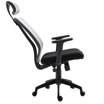 Fauteuil de bureau pivotant à dossier haut en maille grise avec inclinaison synchronisée, accoudoirs et appui-tête réglables