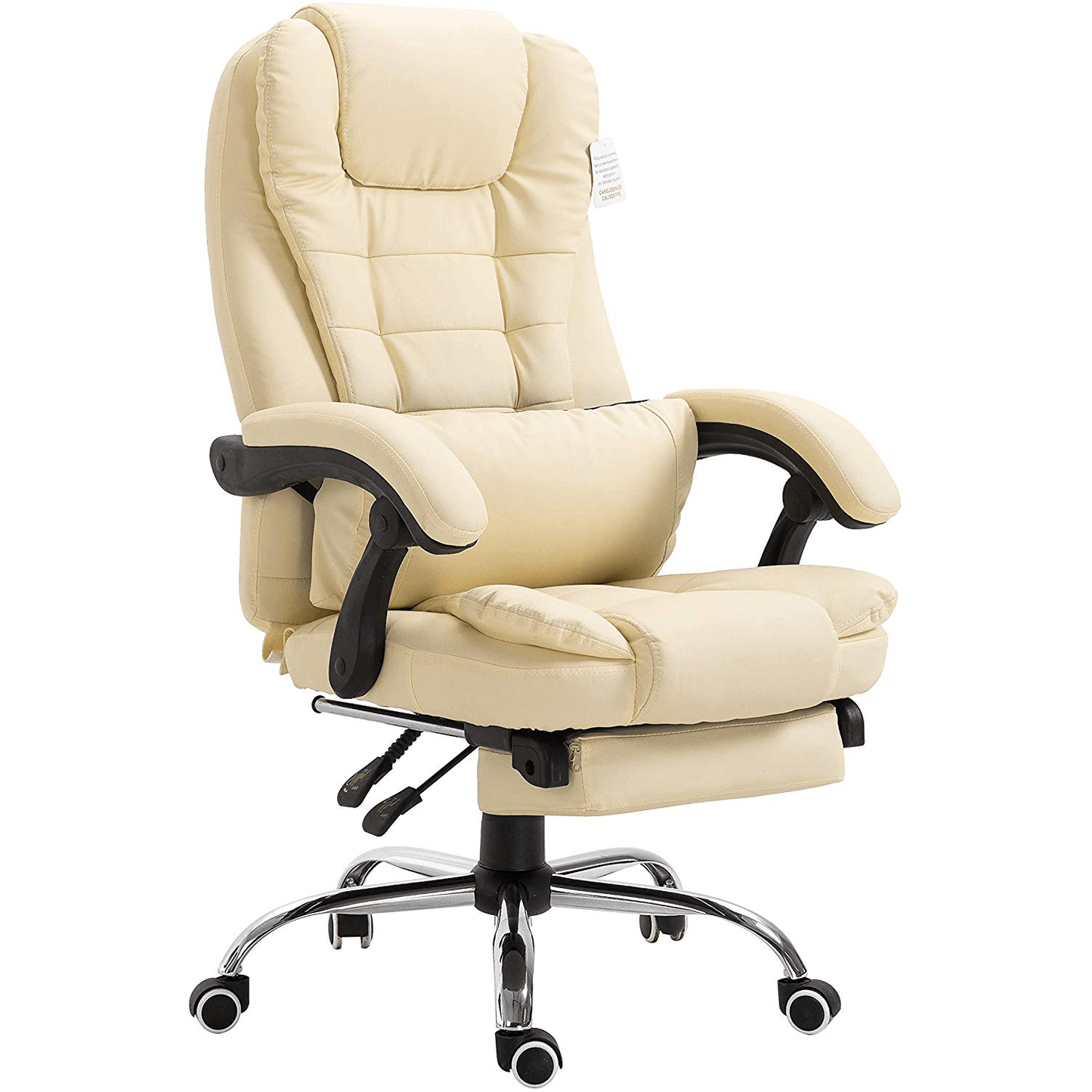 Fauteuil de bureau inclinable avec repose-pieds, appui-tête et coussin lombaire, cuir PU crème MR34
