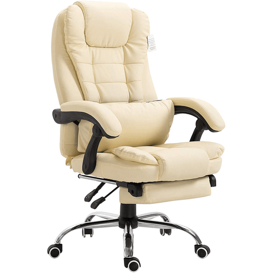 Fauteuil de bureau inclinable avec repose-pieds, appui-tête et coussin lombaire, cuir PU crème MR34
