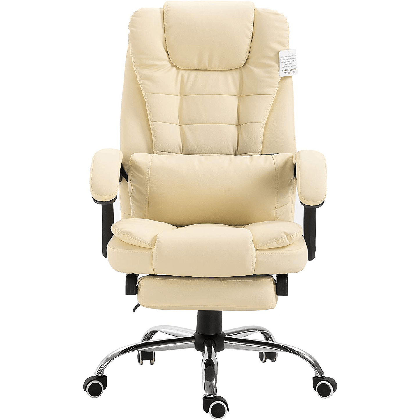 Fauteuil de bureau inclinable avec repose-pieds, appui-tête et coussin lombaire, cuir PU crème MR34