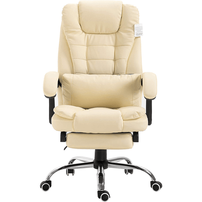 Fauteuil de bureau inclinable avec repose-pieds, appui-tête et coussin lombaire, cuir PU crème MR34