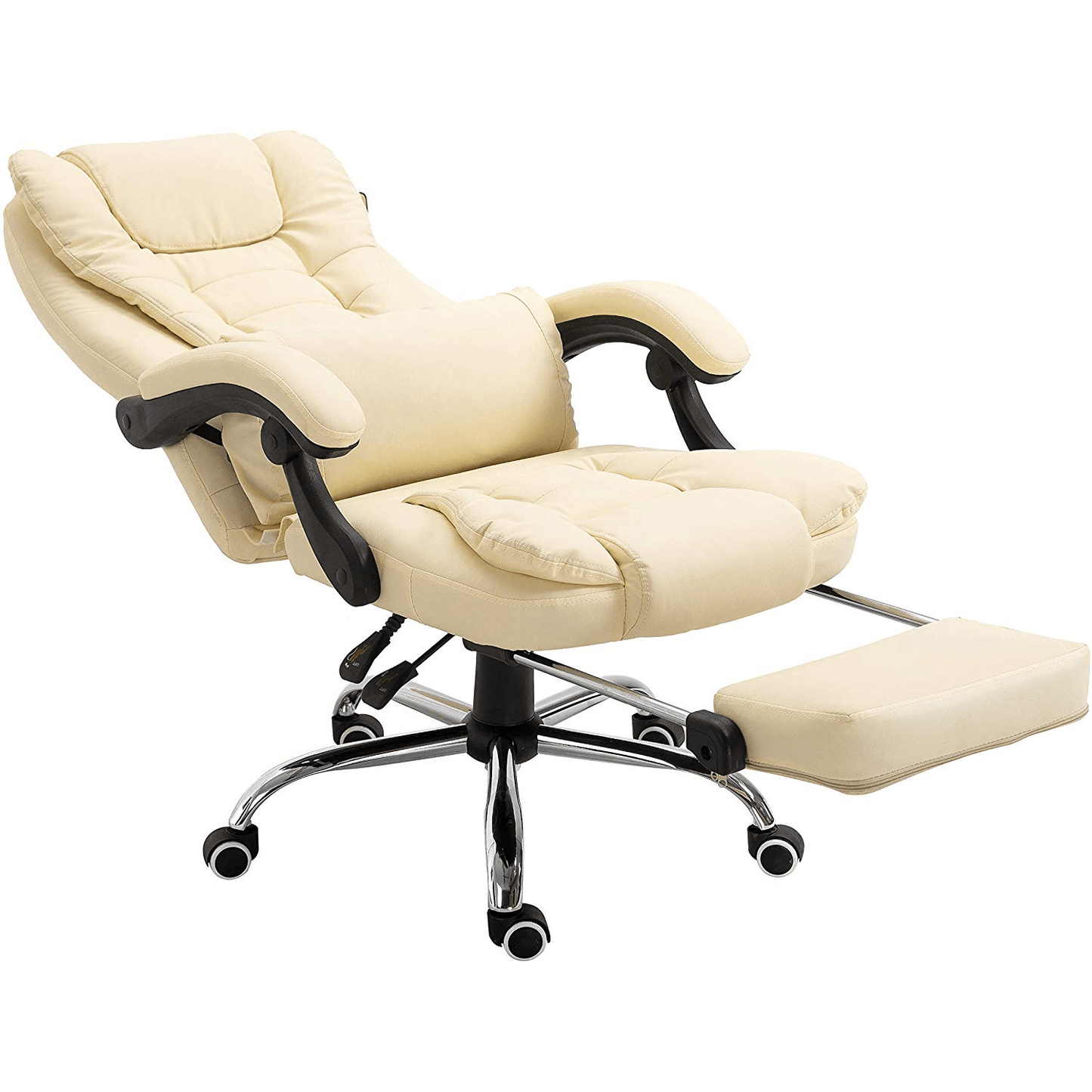 Fauteuil de bureau inclinable avec repose-pieds, appui-tête et coussin lombaire, cuir PU crème MR34