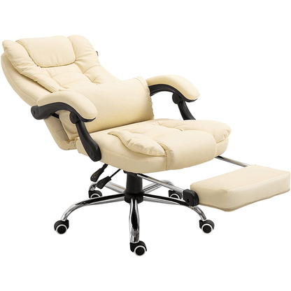Fauteuil de bureau inclinable avec repose-pieds, appui-tête et coussin lombaire, cuir PU crème MR34
