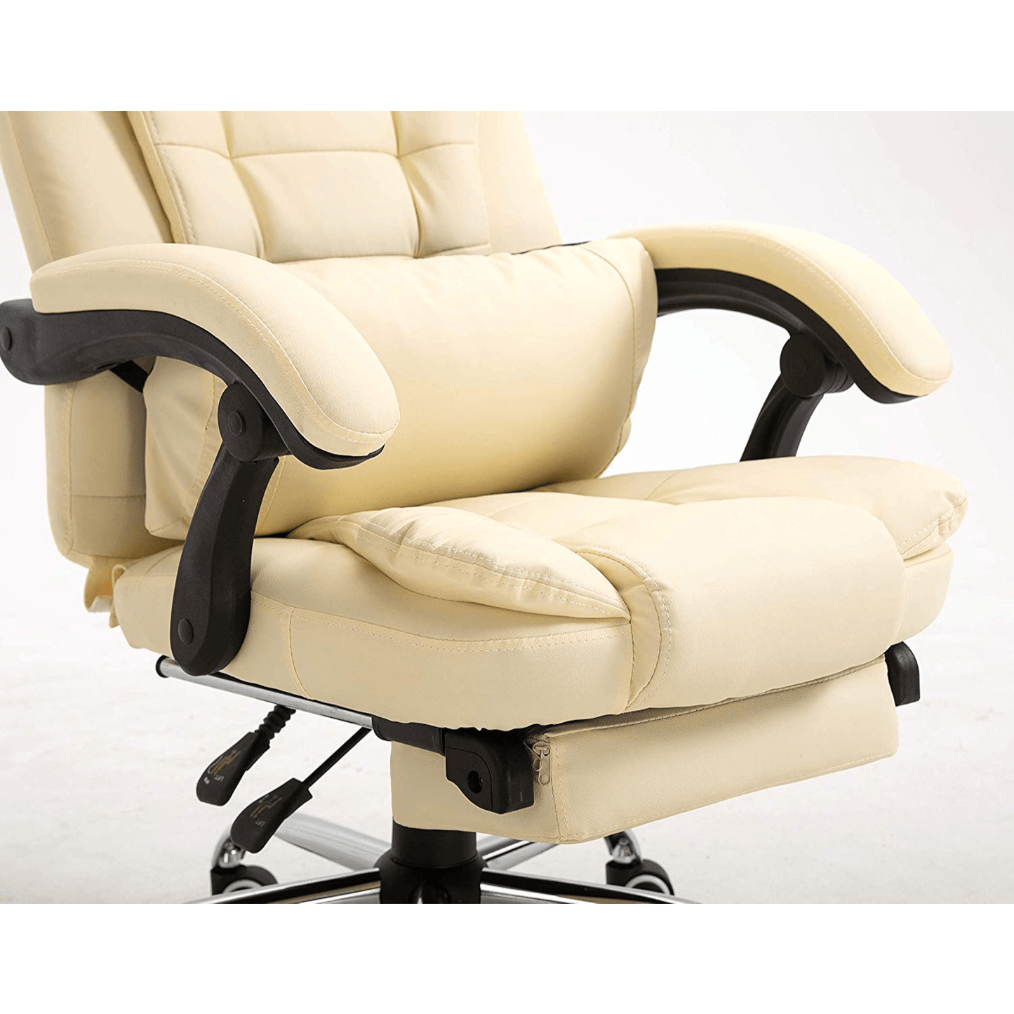 Fauteuil de bureau inclinable avec repose-pieds, appui-tête et coussin lombaire, cuir PU crème MR34