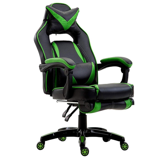 Fauteuil de jeu pivotant inclinable à dossier haut avec repose-pieds et coussin lombaire et de tête réglable, MR49 noir et vert