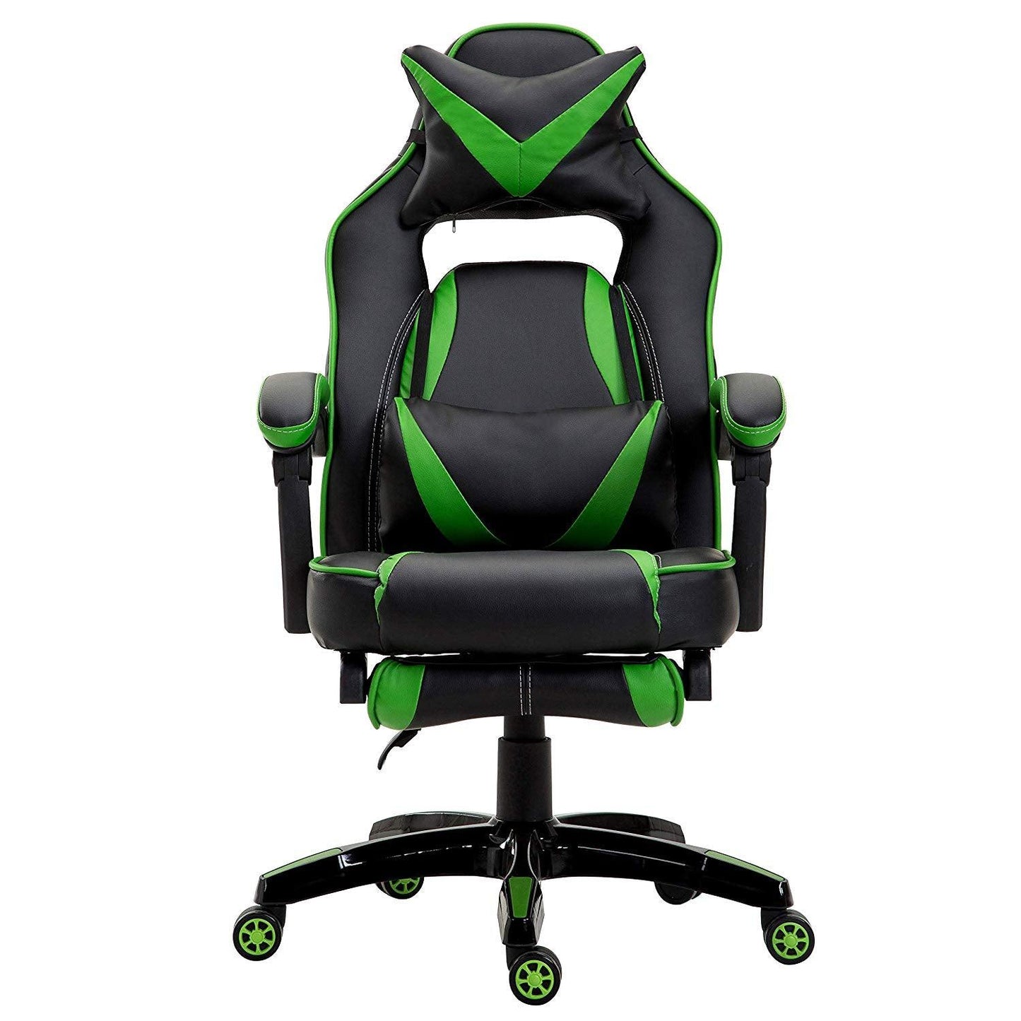 Fauteuil de jeu pivotant inclinable à dossier haut avec repose-pieds et coussin lombaire et de tête réglable, MR49 noir et vert