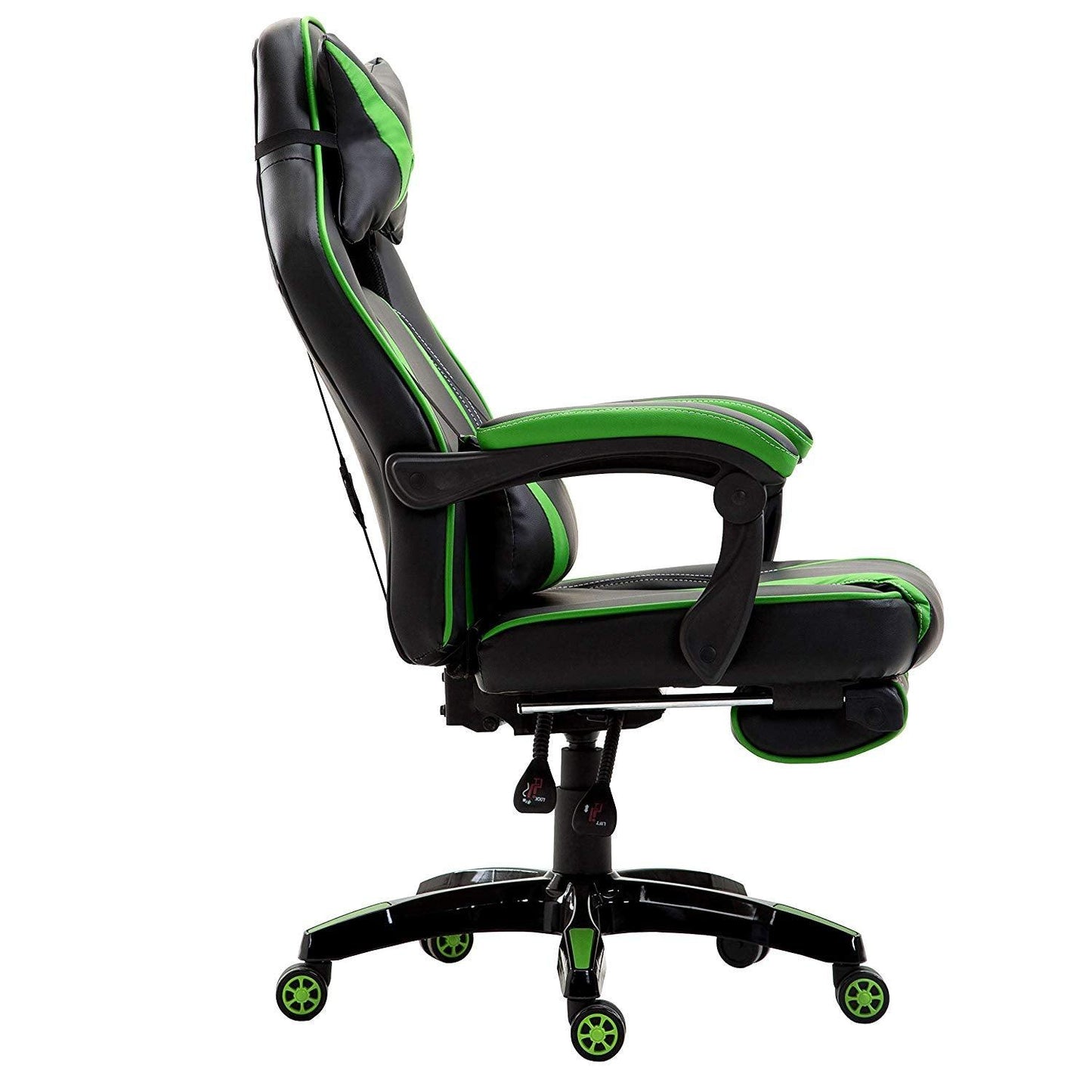 Fauteuil de jeu pivotant inclinable à dossier haut avec repose-pieds et coussin lombaire et de tête réglable, MR49 noir et vert
