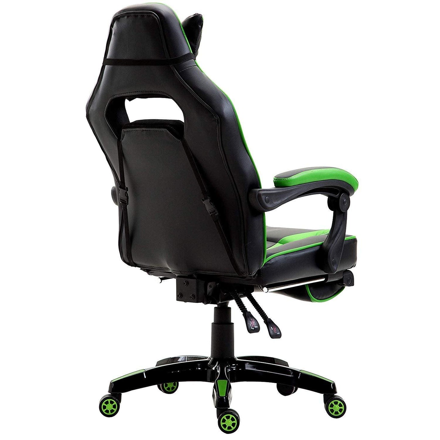 Fauteuil de jeu pivotant inclinable à dossier haut avec repose-pieds et coussin lombaire et de tête réglable, MR49 noir et vert