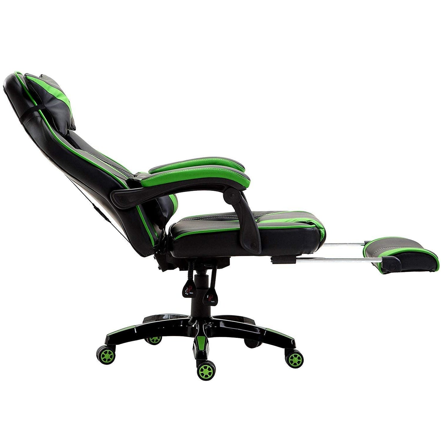 Fauteuil de jeu pivotant inclinable à dossier haut avec repose-pieds et coussin lombaire et de tête réglable, MR49 noir et vert