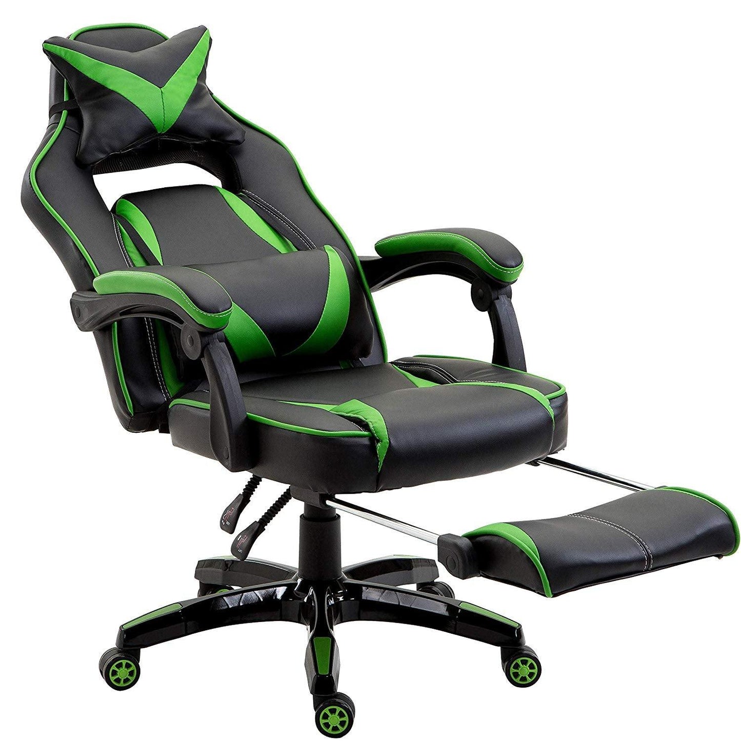 Fauteuil de jeu pivotant inclinable à dossier haut avec repose-pieds et coussin lombaire et de tête réglable, MR49 noir et vert