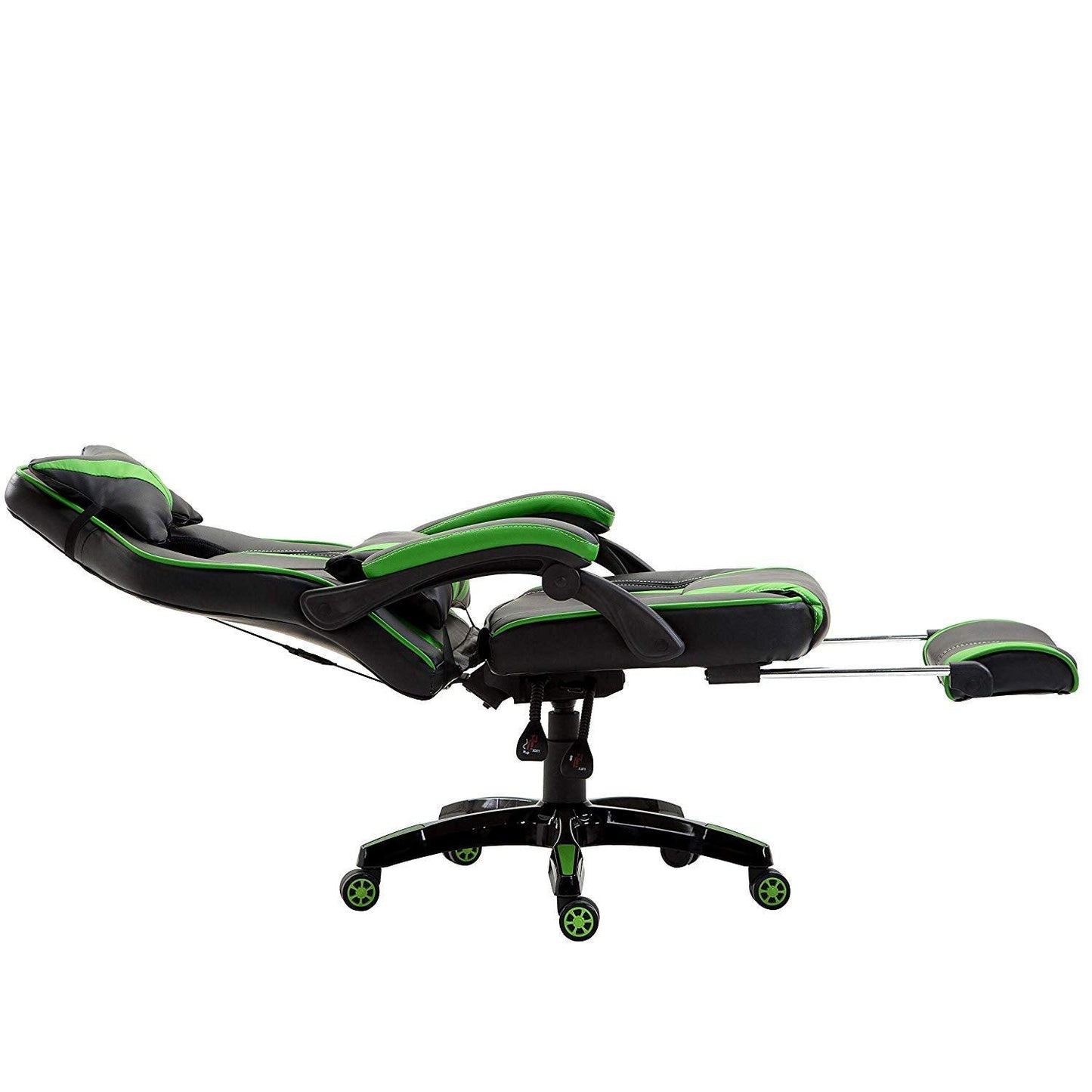 Fauteuil de jeu pivotant inclinable à dossier haut avec repose-pieds et coussin lombaire et de tête réglable, MR49 noir et vert