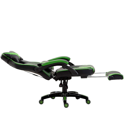 Fauteuil de jeu pivotant inclinable à dossier haut avec repose-pieds et coussin lombaire et de tête réglable, MR49 noir et vert