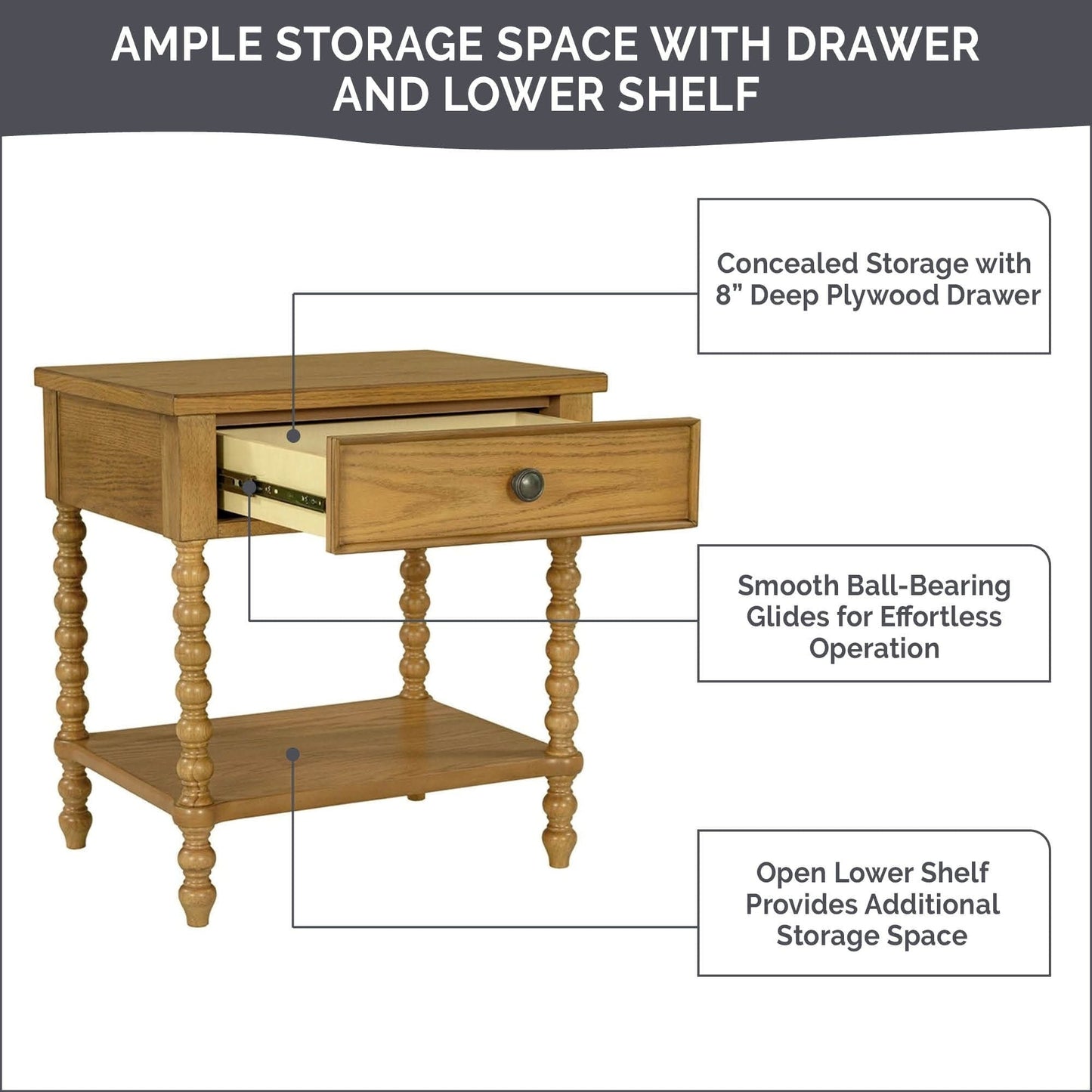 Table de chevet en bois tourné Beckett, signée Madison Park, avec tiroir et étagère.