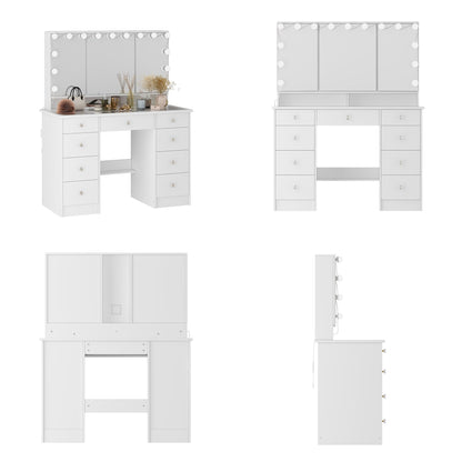 Coiffeuse avec miroir à trois volets, éclairage certifié, plateau en verre