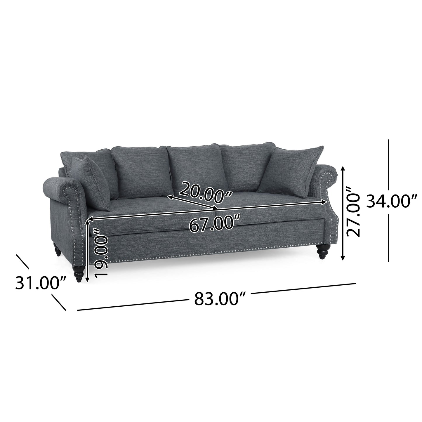 Canapé 3 places Manbow en tissu avec coussin et bordure cloutée par Christopher Knight Home