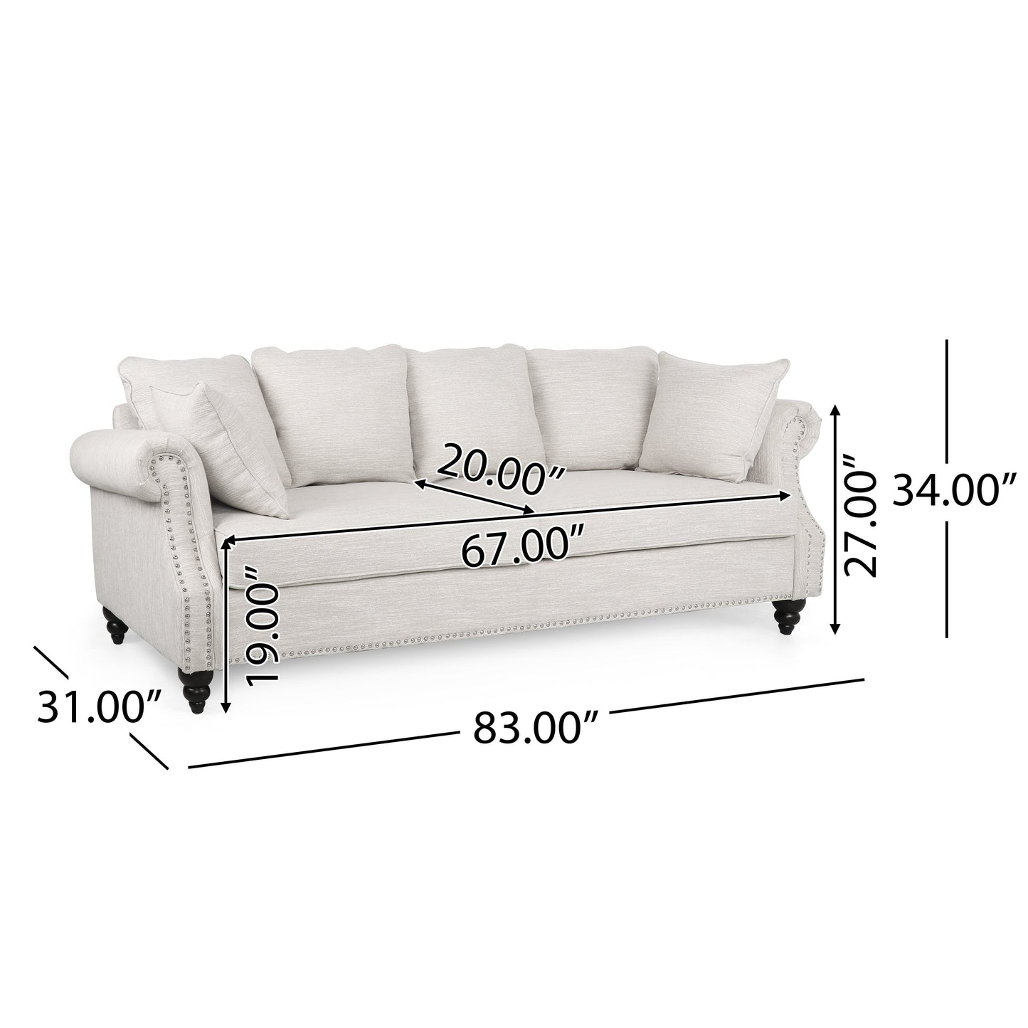 Canapé 3 places Manbow en tissu avec coussin et bordure cloutée par Christopher Knight Home
