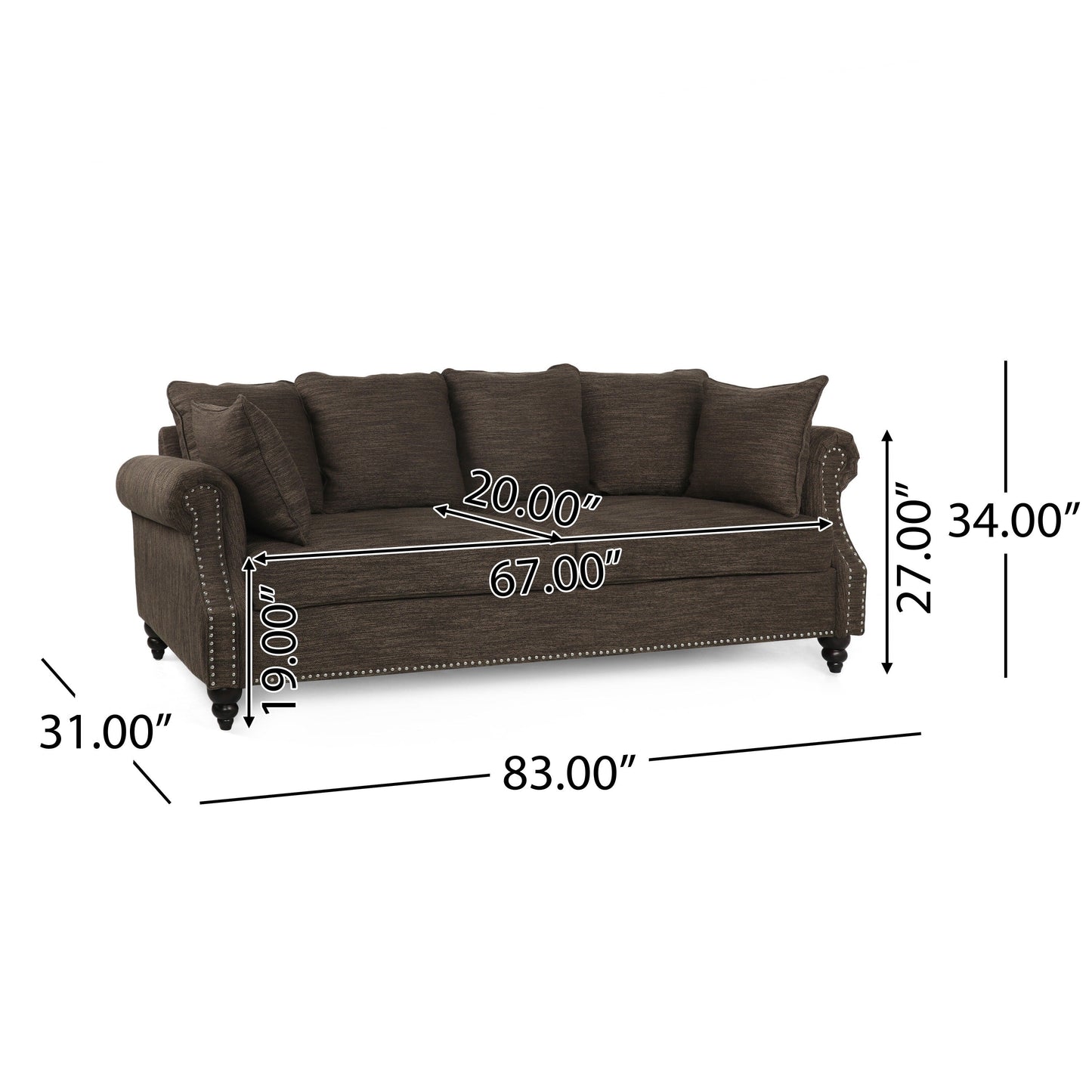 Canapé 3 places Manbow en tissu avec coussin et bordure cloutée par Christopher Knight Home