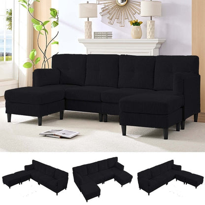 Canapé sectionnel convertible modulaire en U en velours côtelé Mixoy, canapé 4 places rembourré avec pouf amovible