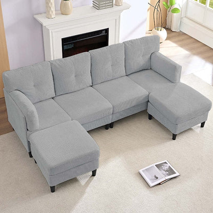 Canapé sectionnel convertible modulaire en U en velours côtelé Mixoy, canapé 4 places rembourré avec pouf amovible